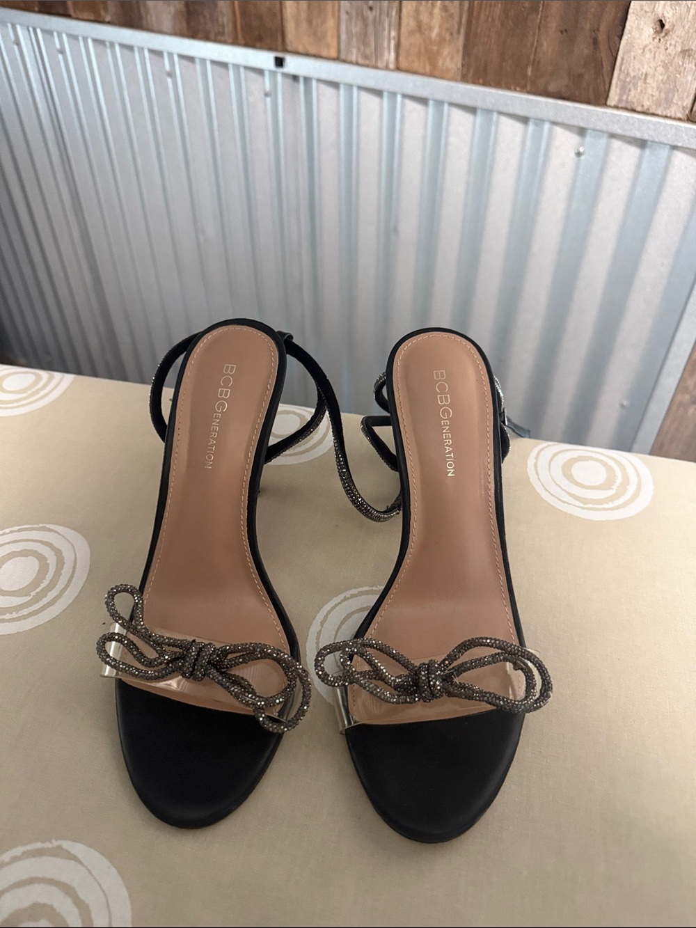 BCBGeneration Black Open-Toe Heels with Rhinestone Bow
